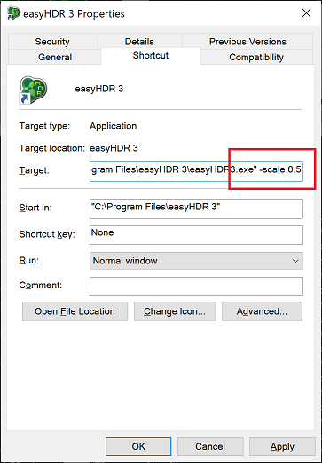 Editing easyHDR shortcut properties.