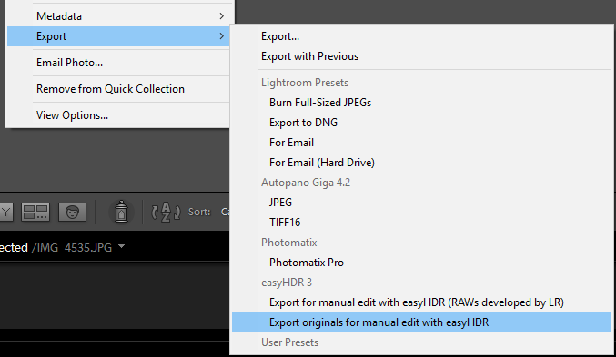 Export from Adobe Lightroom to easyHDR with plug-in preset