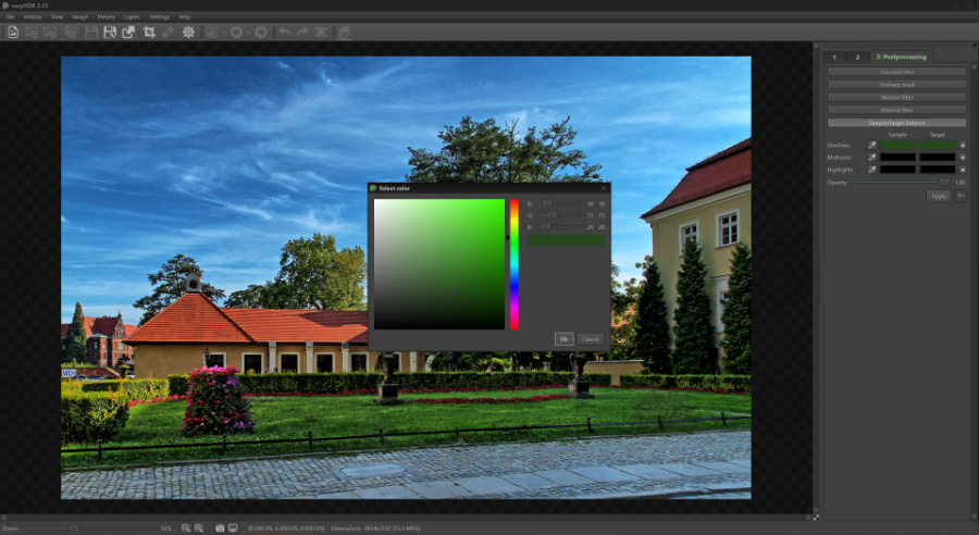 Postprocessing with easyHDR software, color adjust