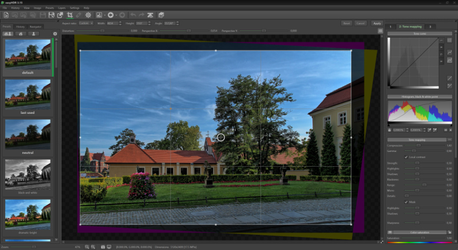 Image transformations with easyHDR software - free-hand rotate, crop, perspective and distortion